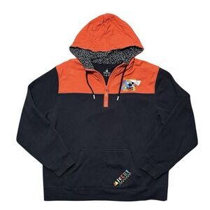 DISNEY PARKS Mickey Mouse Hoodie Kid Large Black Orange Colorblock 1/4 Zip Retro